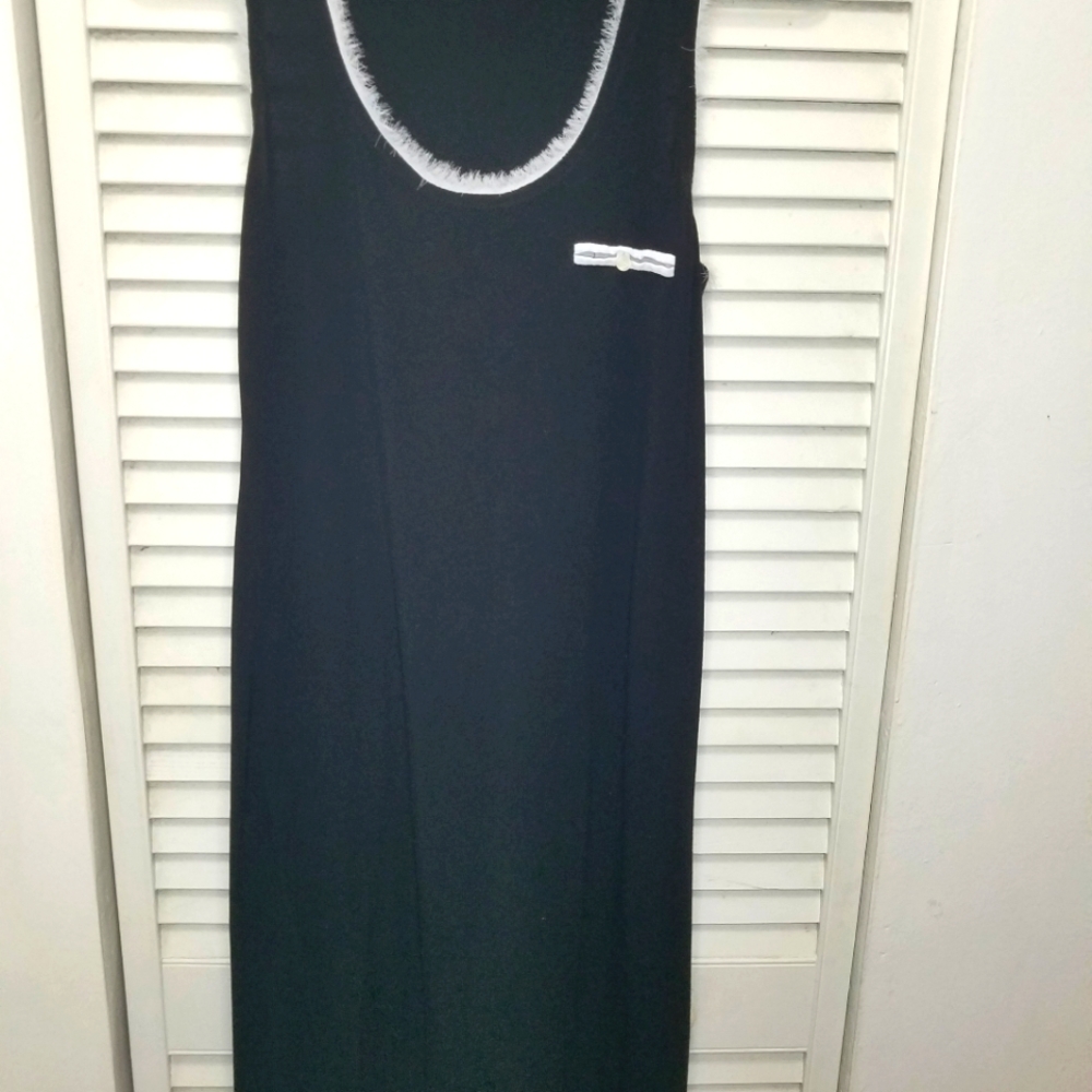 Long  maxi  black dress with  white trim.